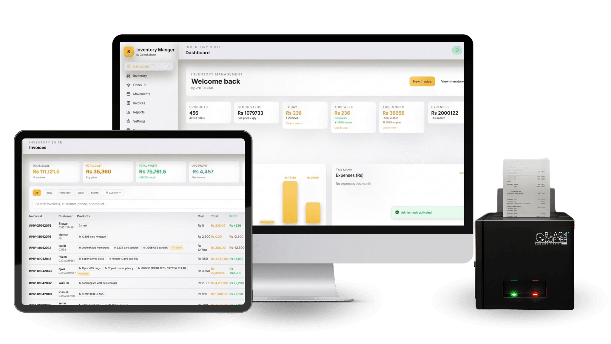 InvenXS inventory management software dashboard showing stock tracking, invoicing, and profit analytics for Pakistani retailers
